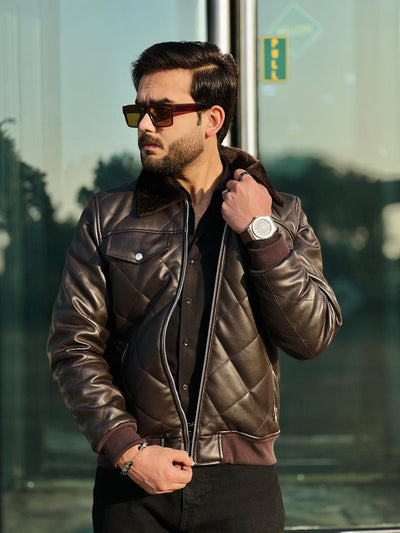 HOLLYWOOD-STYLE COFFEE BROWN DIAMOND-CUT LEATHER JACKET