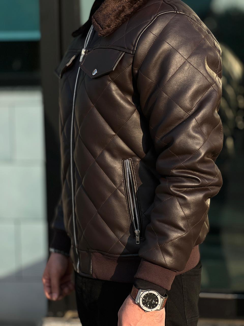 HOLLYWOOD-STYLE COFFEE BROWN DIAMOND-CUT LEATHER JACKET