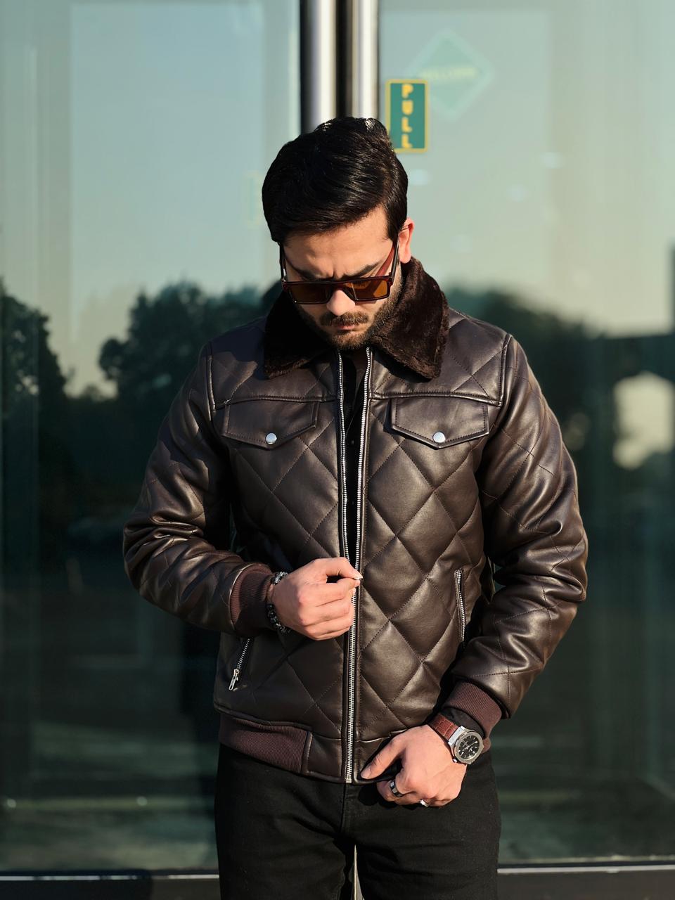 HOLLYWOOD-STYLE COFFEE BROWN DIAMOND-CUT LEATHER JACKET