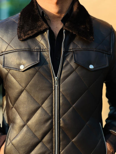 HOLLYWOOD-STYLE COFFEE BROWN DIAMOND-CUT LEATHER JACKET