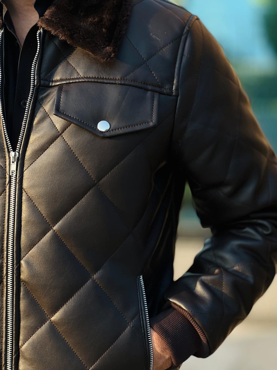 HOLLYWOOD-STYLE COFFEE BROWN DIAMOND-CUT LEATHER JACKET